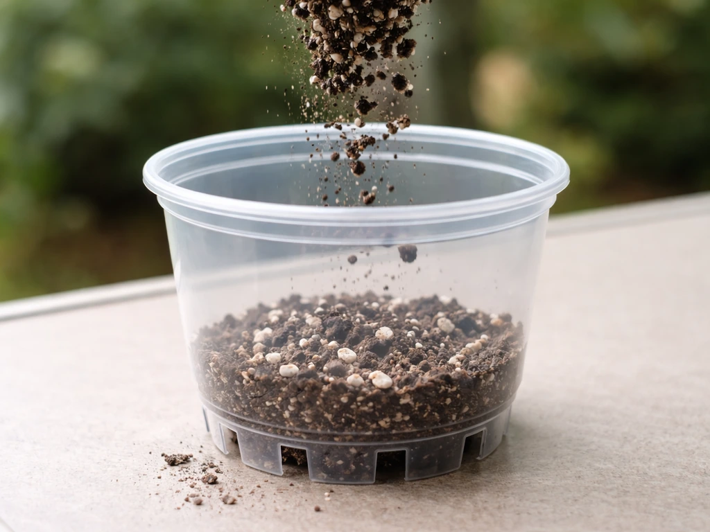 Airy potting mix being poured into a clear pot with drainage holes visible for runoff and airflow.