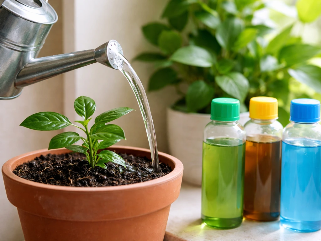 Watering a small potted plant with a watering can, next to unlabeled fertilizer bottles.