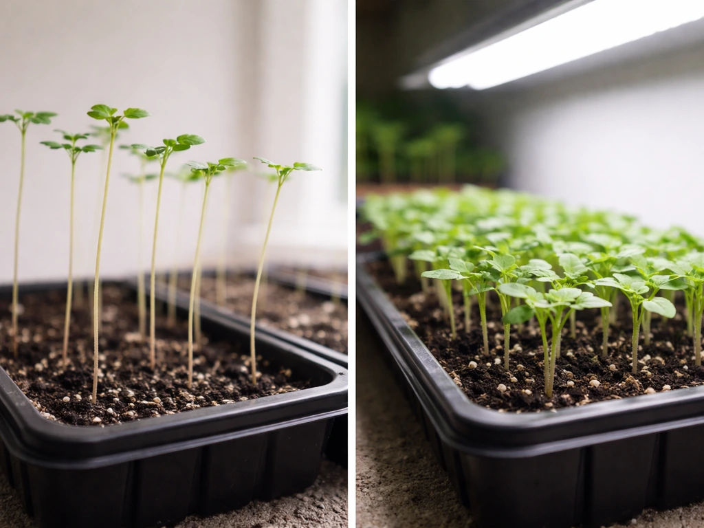 Side-by-side seedlings: leggy stretched stems on one side, compact healthy seedlings under closer light on the other.