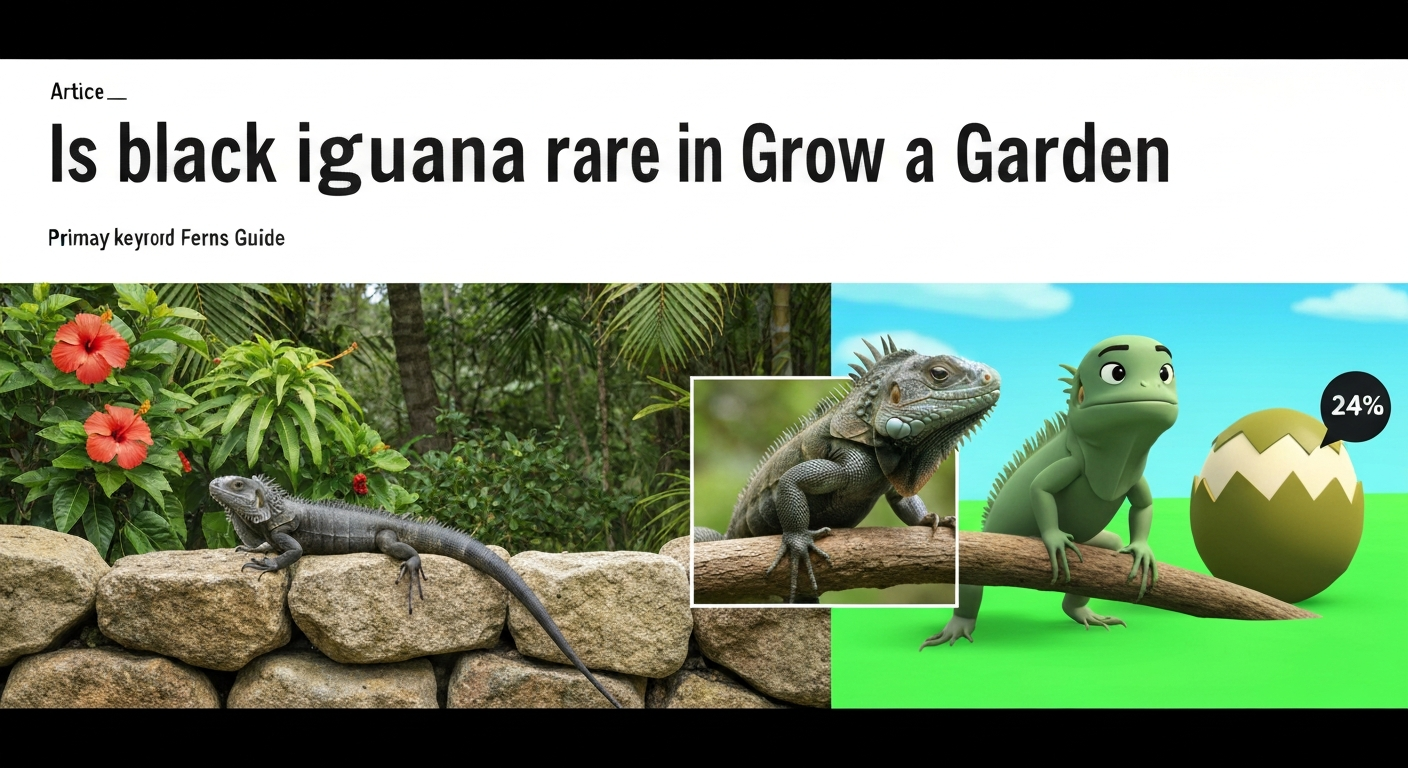Editorial banner: realistic black spiny-tailed iguana and Saban black iguana on the left in a tropical garden, with a stylized Roblox-style Iguana pet and Jungle Egg (24%) on the right.