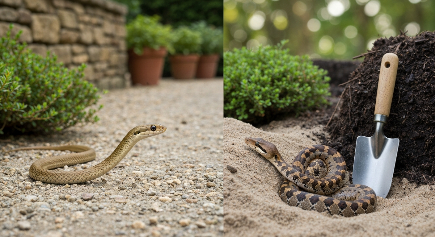 Split-scene garden: left a slender tan sand racer on a gravel path, right a stout sand boa half-buried near a compost heap; garden elements for scale.