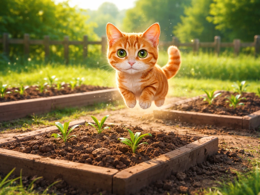 Vibrant orange tabby cat companion hovering near planted garden beds in a minimal game-like setting