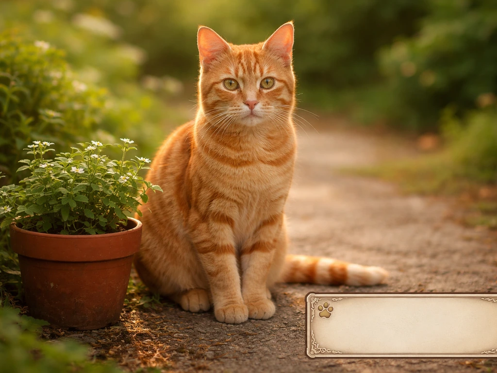Orange tabby cat with visible tabby striping beside a potted plant and a subtle game UI frame.