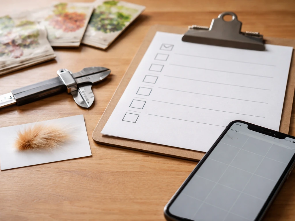 Minimal tabletop scene with an orange tabby hair sample, blank checklist, and tools to compare markings before buying.