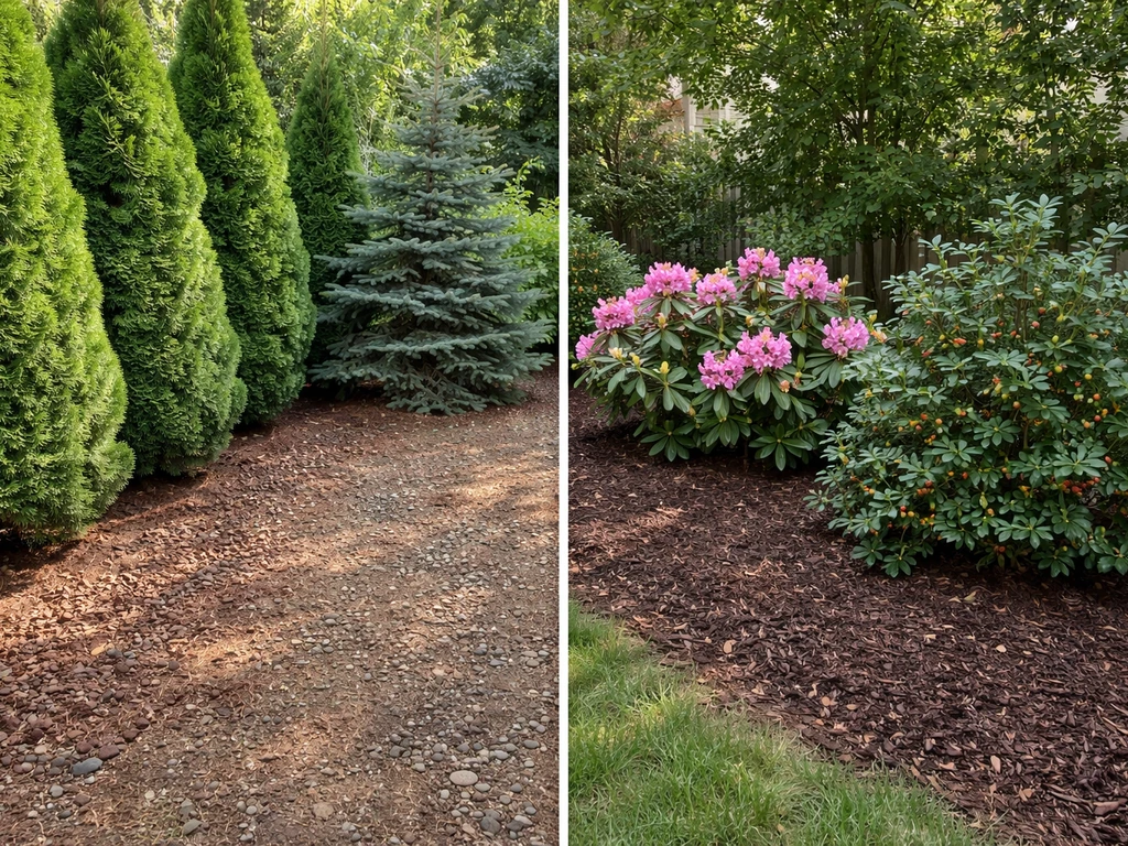 Backyard garden showing two evergreen beds: hardy conifers in neutral soil and acid-loving shrubs in darker mulch.