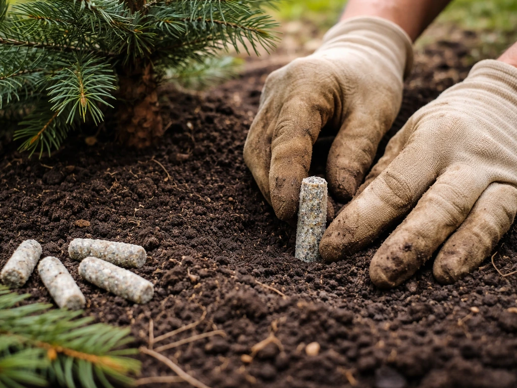 Hand placing evergreen fertilizer spikes into soil along the drip line near a conifer tree, close-up.