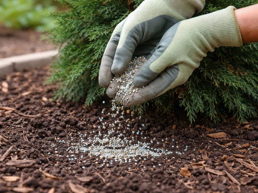 Hands sprinkling granular slow-release fertilizer evenly over evergreen root zone soil