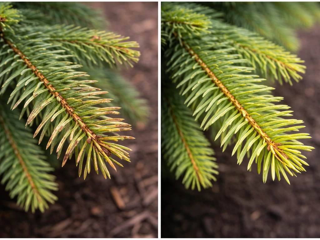 Split-view of an evergreen branch: one side scorched brown tips, the other side yellowing needles