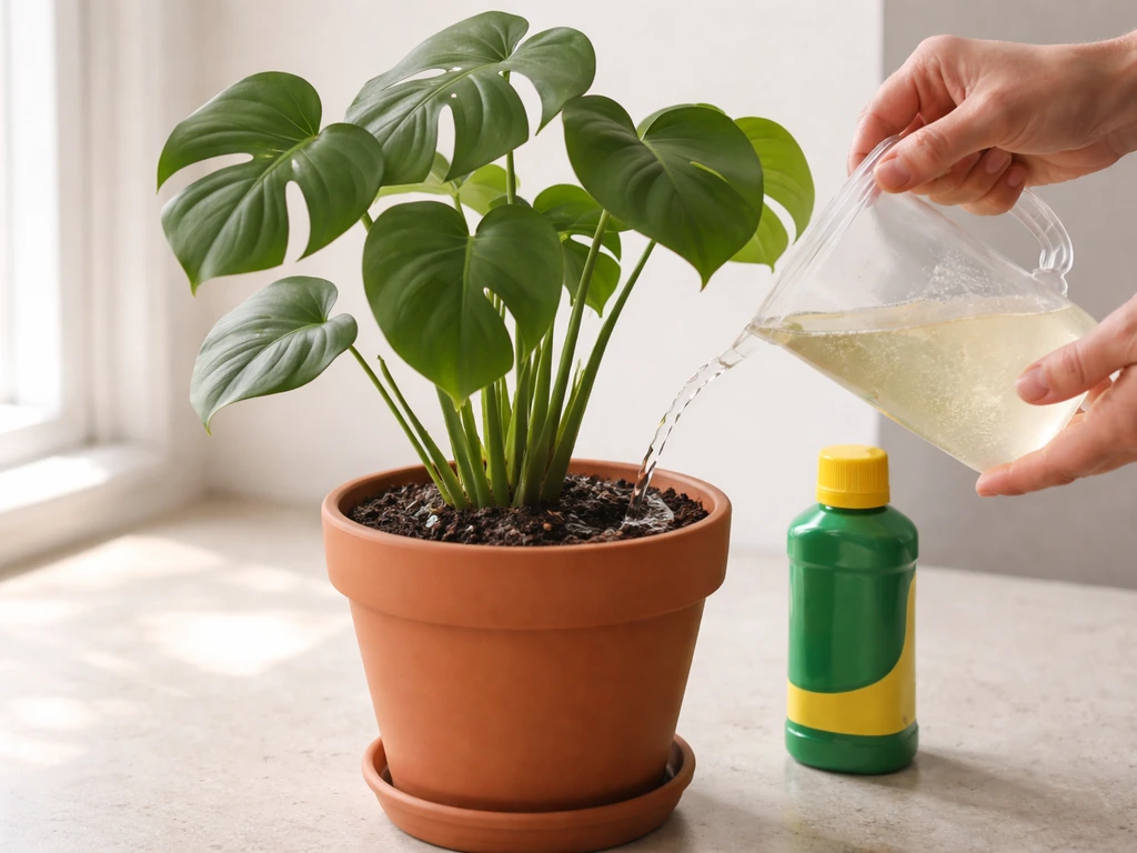 Healthy Monstera in a terracotta pot being gently watered with diluted fertilizer next to a bottle.
