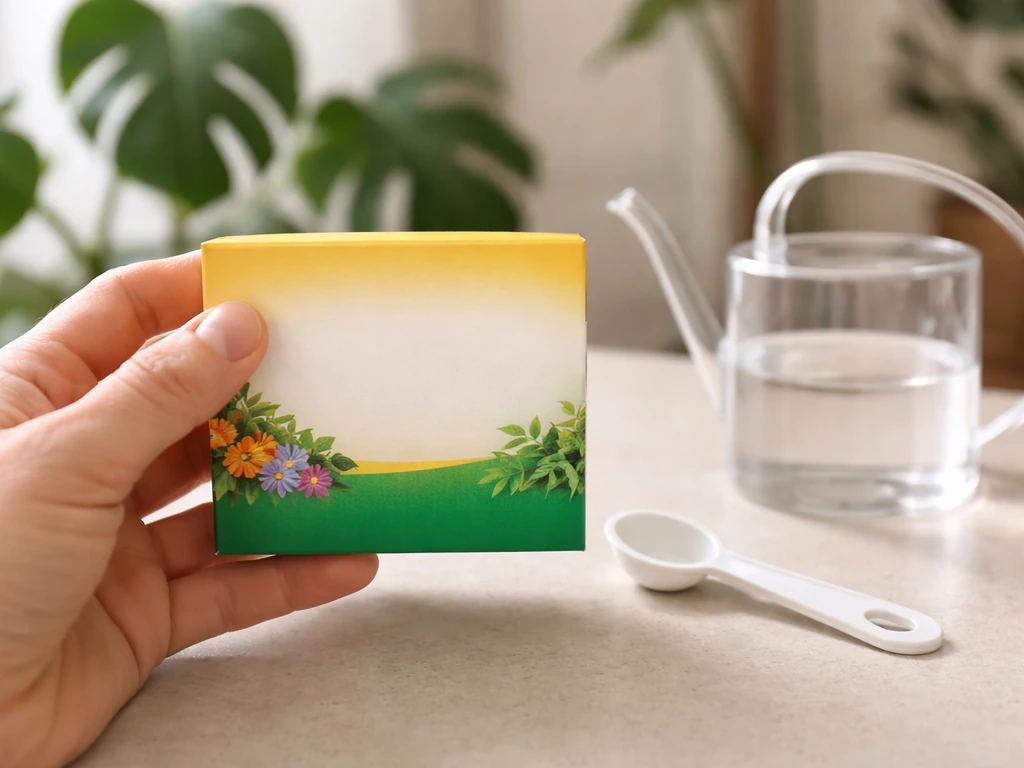 Hand holding a blank plant-food label near a measuring spoon and watering can on a light table.
