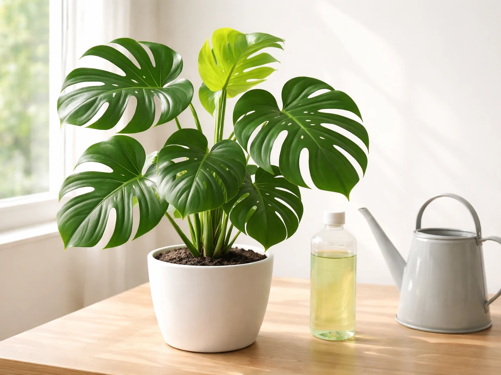 Monstera deliciosa by a sunny window with a clear fertilizer bottle and watering can nearby