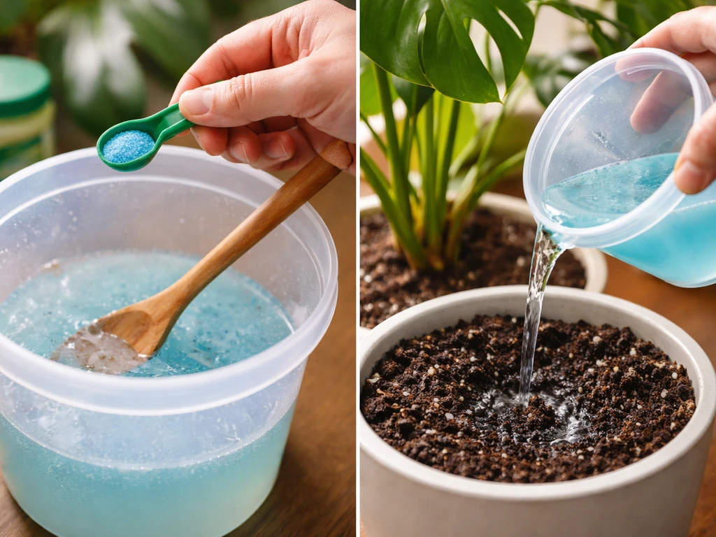 Hand mixes a diluted fertilizer dose in a clear bucket and pours it onto moist Monstera soil.