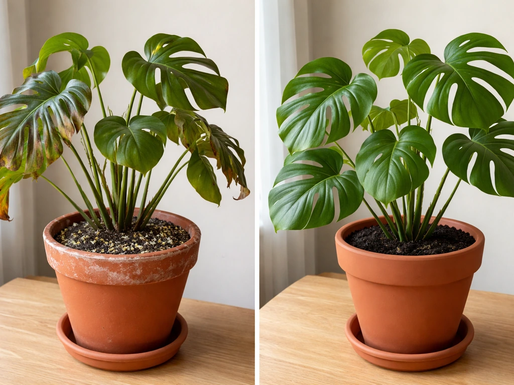 Side-by-side photos: over-fertilized Monstera with crispy edges and salt crust vs healthy Monstera with fresh soil.