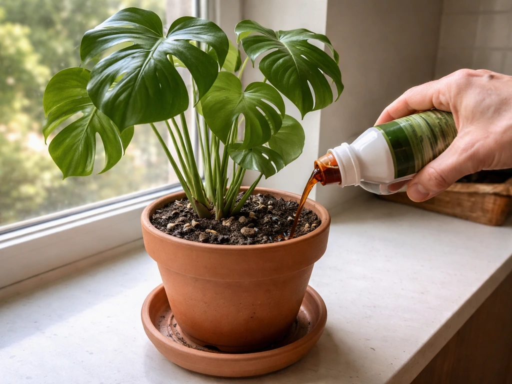 Hand pouring a dark liquid fertilizer into a Monstera pot on a sunny windowsill.
