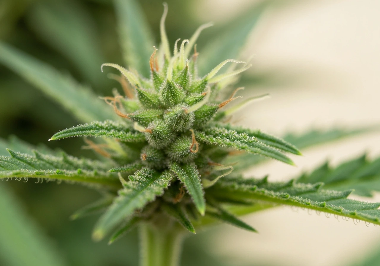 Close-up of swollen plant buds on a stem, natural light and soft background blur.