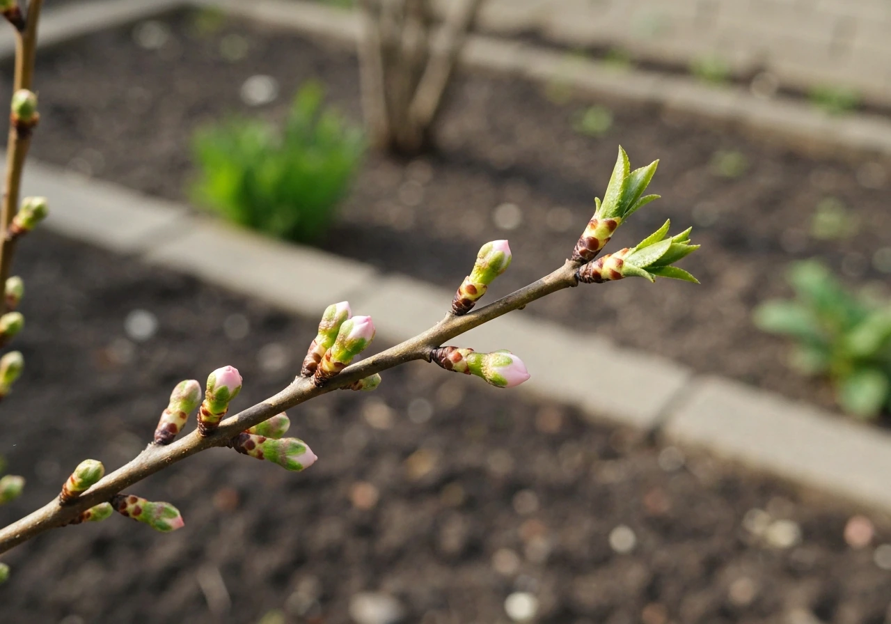 Close-up of dormant twig buds swelling toward spring bloom on a small branch