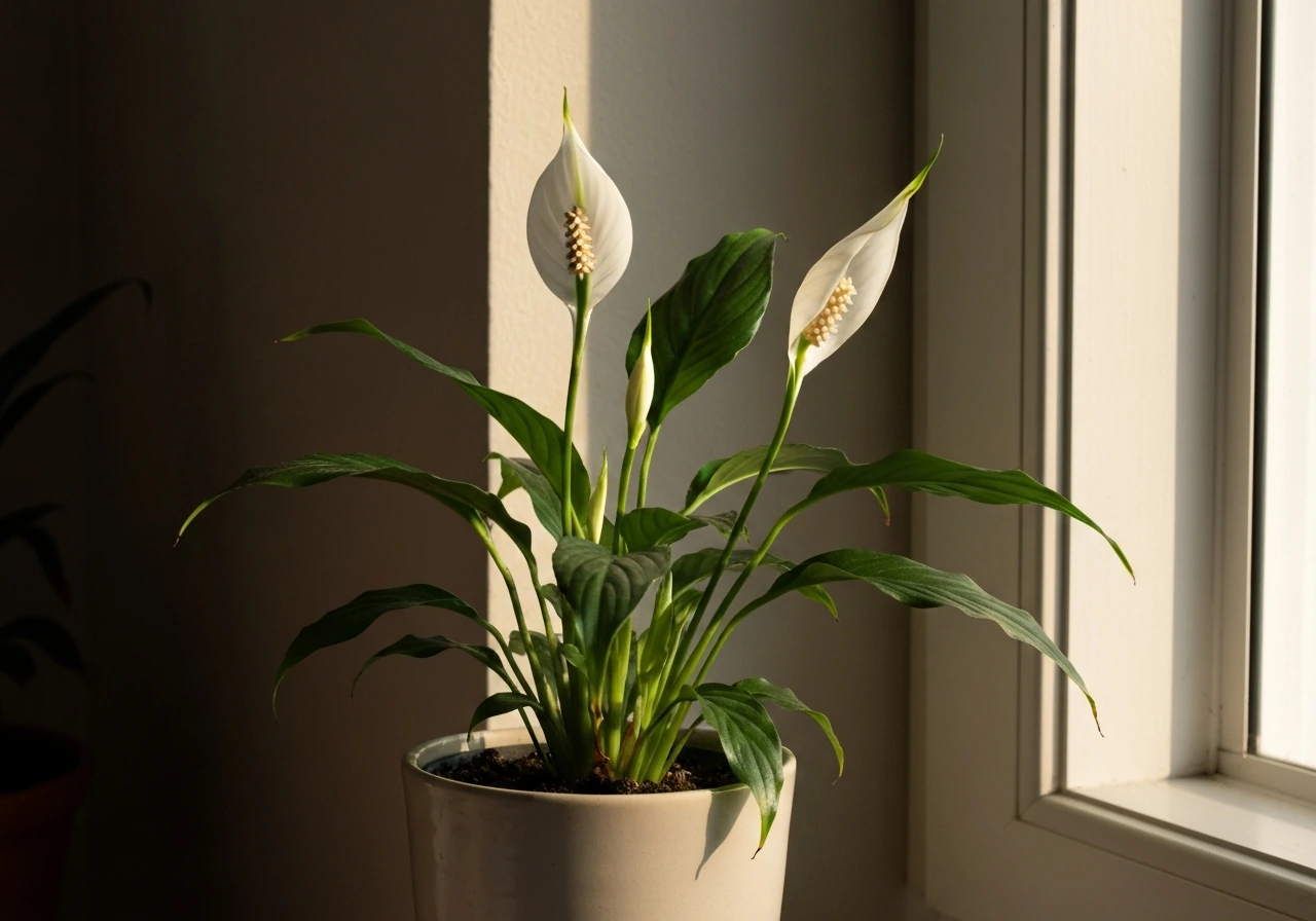 Peace lily with fresh developing buds near a bright window with soft natural light.