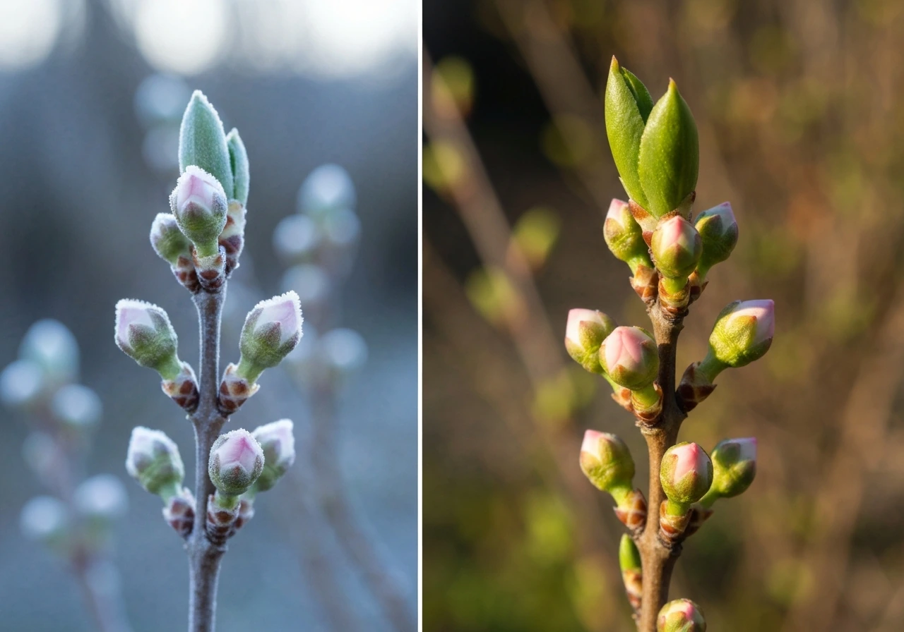 Split image of cool-frosted tight buds versus warm-sun swollen spring buds on a shrub branch.