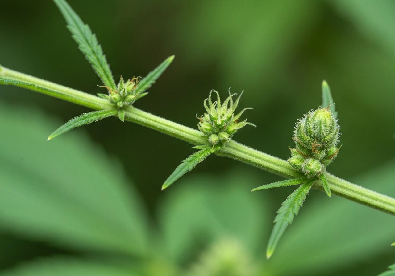 Macro close-up of cannabis buds swelling on a plant, showing buds at different plumpness stages.