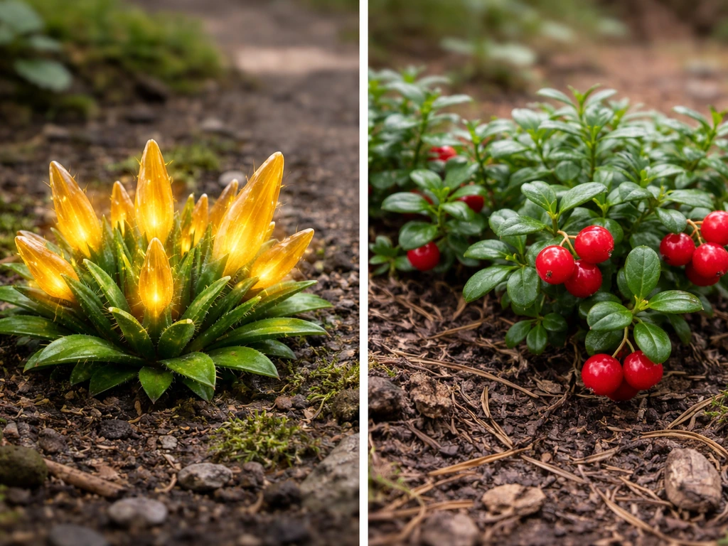Side-by-side: a fictional amber-spined game crop beside a real lingonberry groundcover shrub.