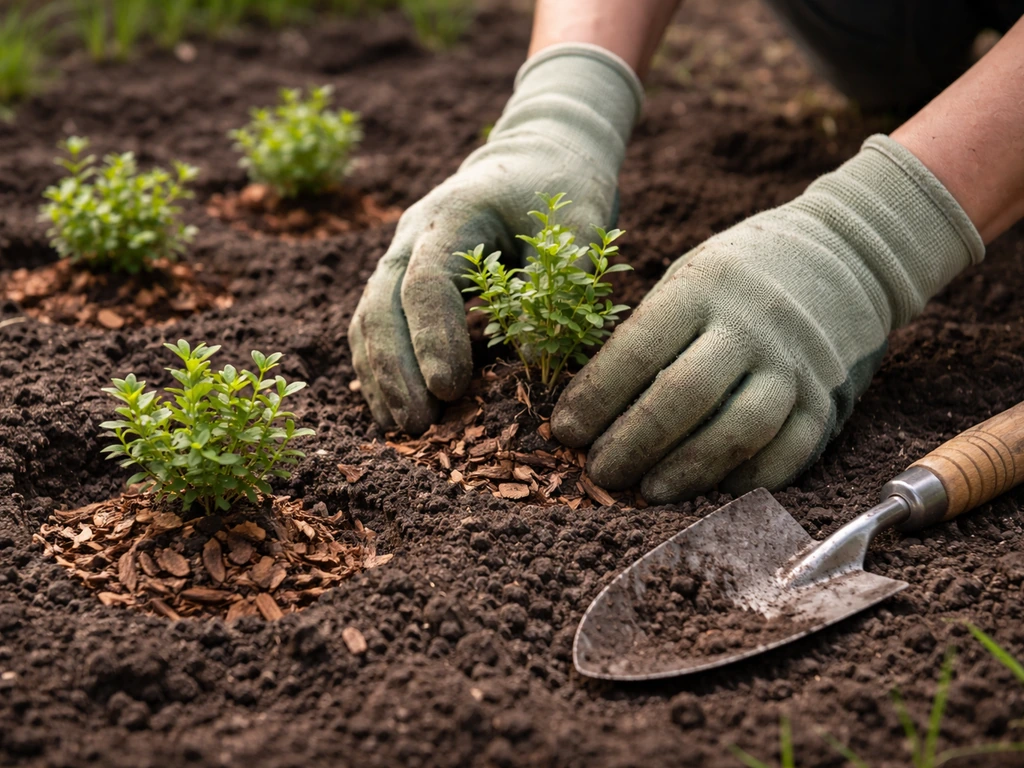 Gardener’s hands placing small lingonberry plants into prepared acidic holes, covered with mulch.