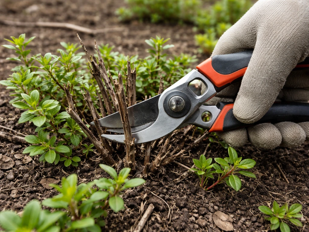 Early-spring close-up of hand pruners lightly shearing old woody lingonberry stems.