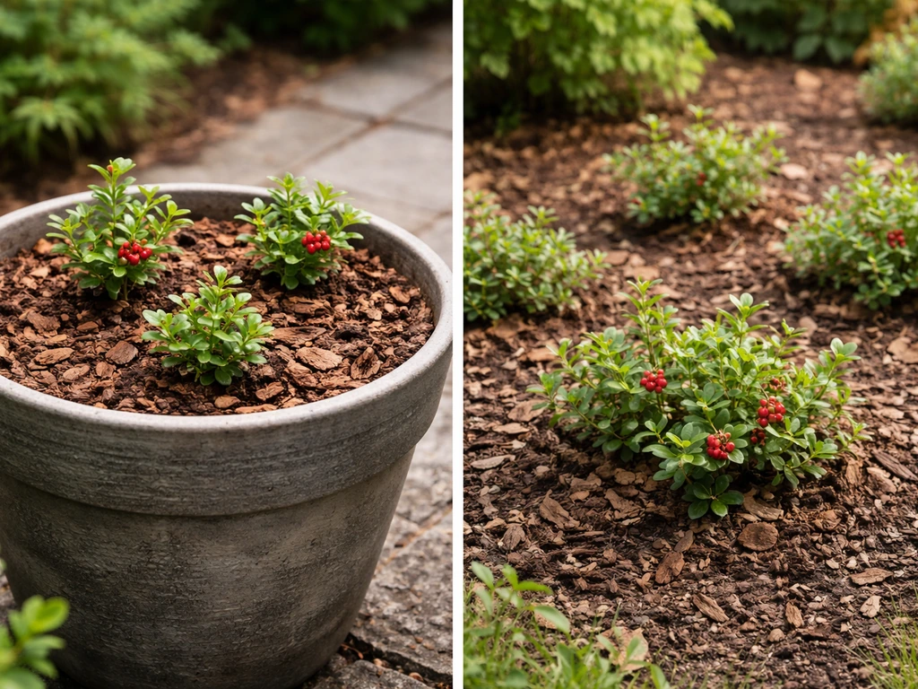 Split view of lingonberry in a large acid pot versus a small in-ground patch in the yard.