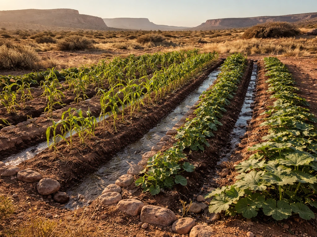 High-desert field with irrigation channels and growing corn, beans, and squash under bright sun