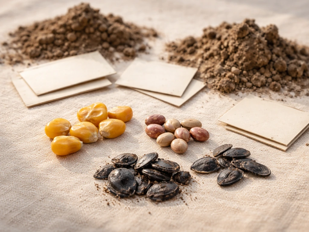 Close-up of dry corn kernels, bean seeds, and squash remains with soil and blank context tags on canvas.