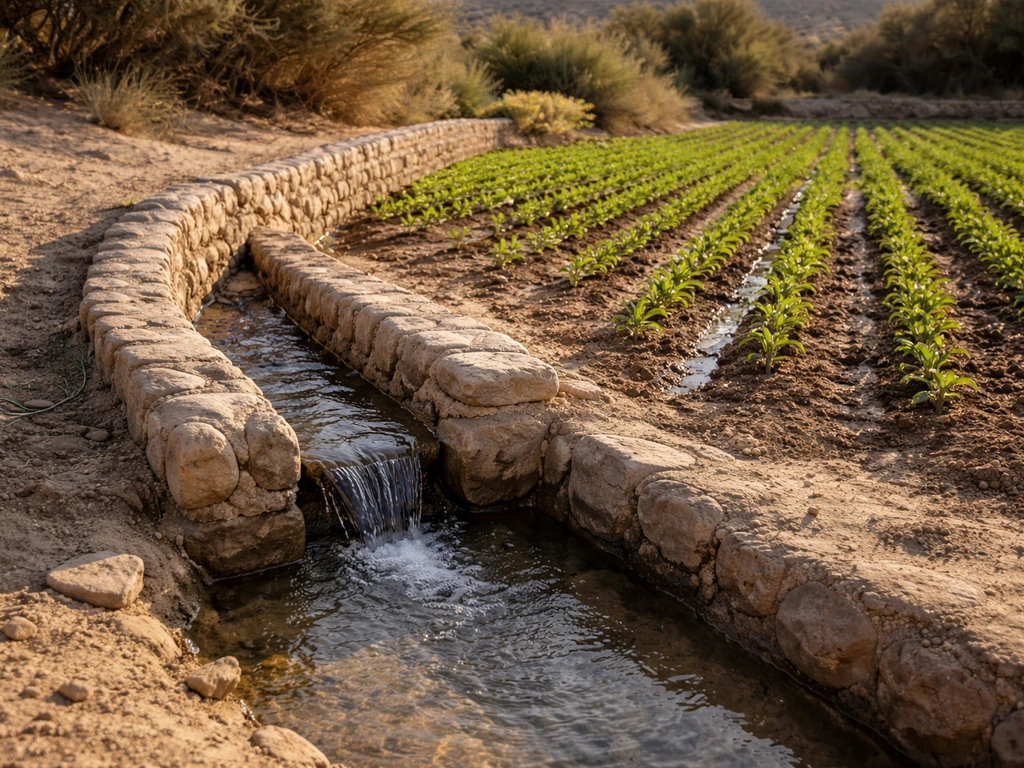 Reconstructed Ancestral Pueblo irrigation canal leading to small planted field plots in a dry landscape