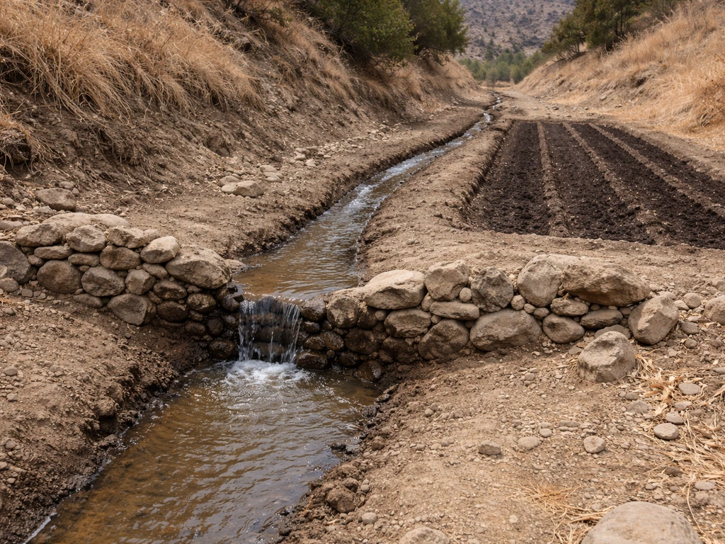 Dry farming check dam across a small drainage, with slowed runoff guiding moisture toward seedbed beds.