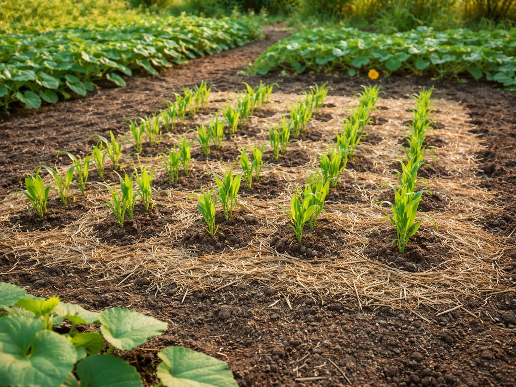 Young corn seedlings planted in blocks with nearby beans and squash vines in a simple garden bed