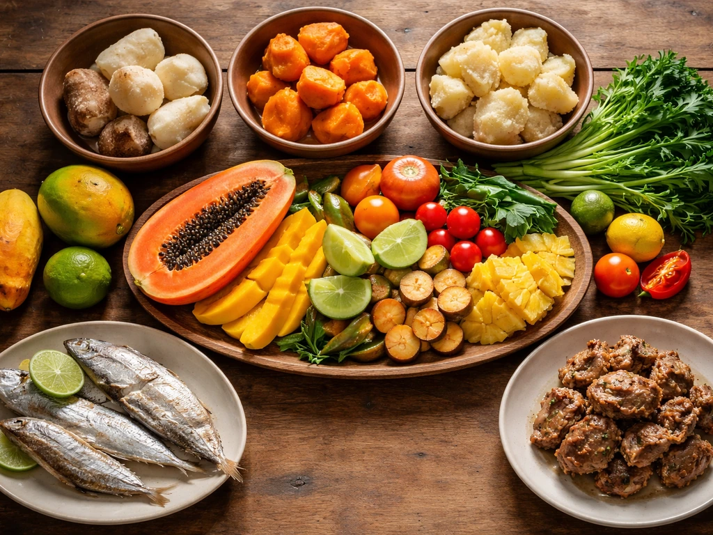 Overhead spread of tropical staples, fruit, vegetables, and seafood on a simple table