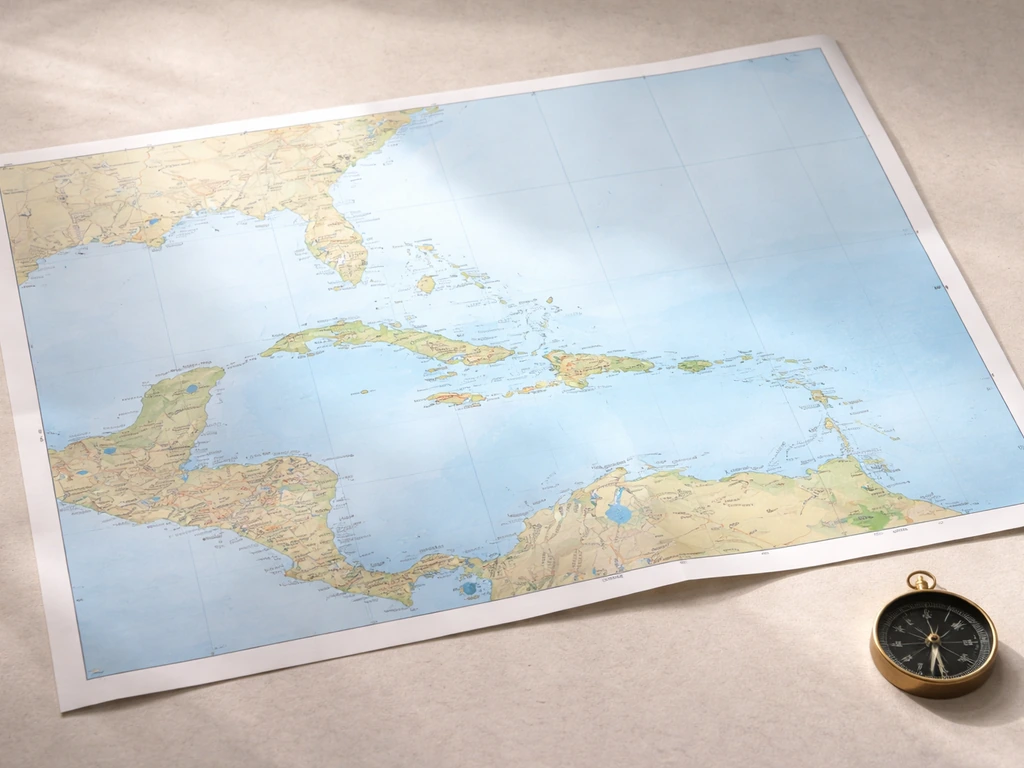 Overhead photo of a tabletop world map with the Caribbean Windward islands highlighted in soft blue light.