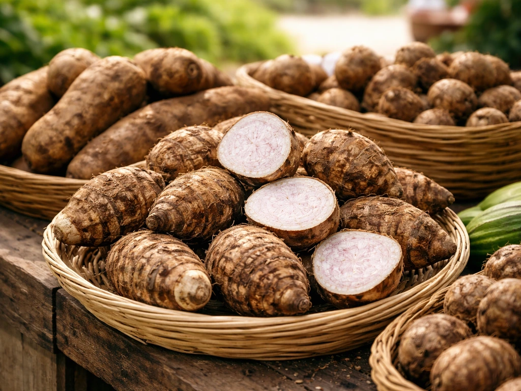 Taro, yams, and eddoes/tannia laid out in woven baskets on a simple outdoor market stall.