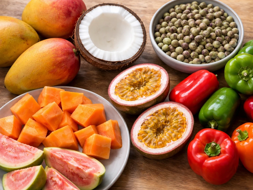 Colorful tropical fruits and vegetables with pigeon peas arranged on a wooden table in natural light.