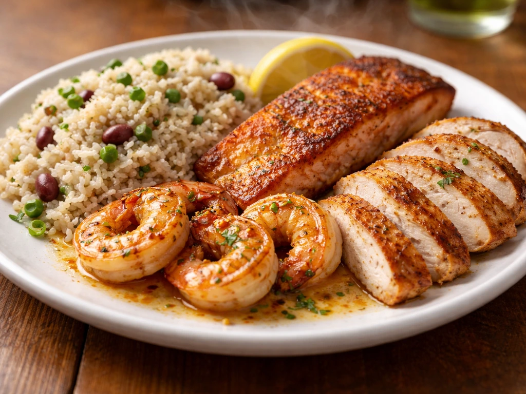Close-up plate of cooked fish and shellfish with chicken and rice-and-peas on a wooden table.