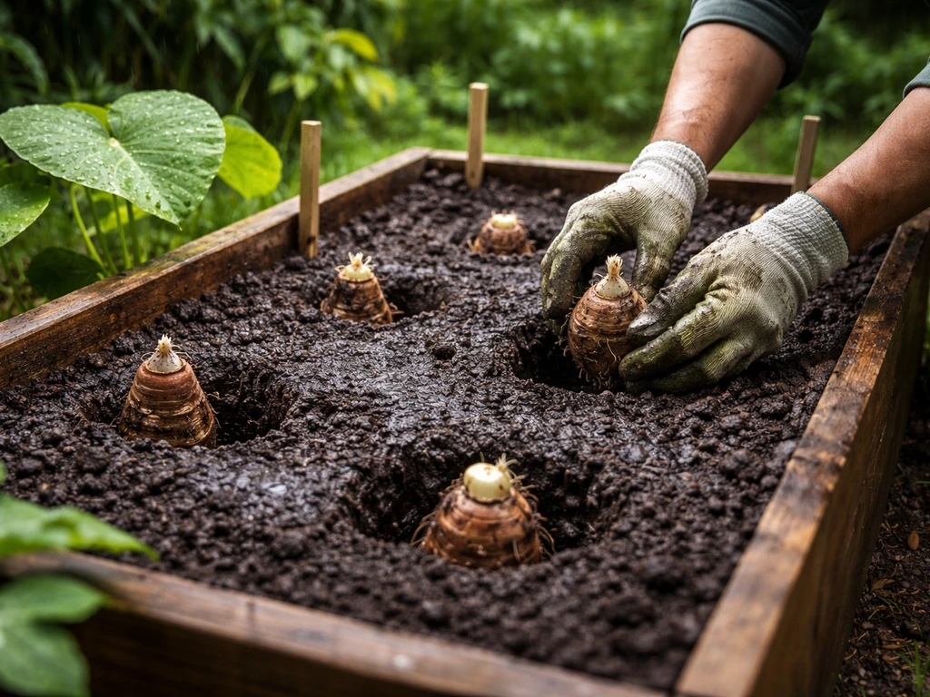Dasheen/taro corms being planted in moist boggy soil in a small raised garden bed in wet tropical light.