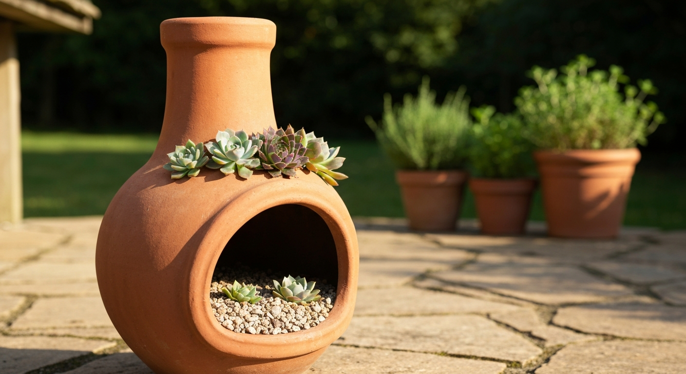 Unglazed terracotta chiminea repurposed as a planter, filled with mixed succulents and gravel, sitting on a sunlit stone patio with herb pots in the background.