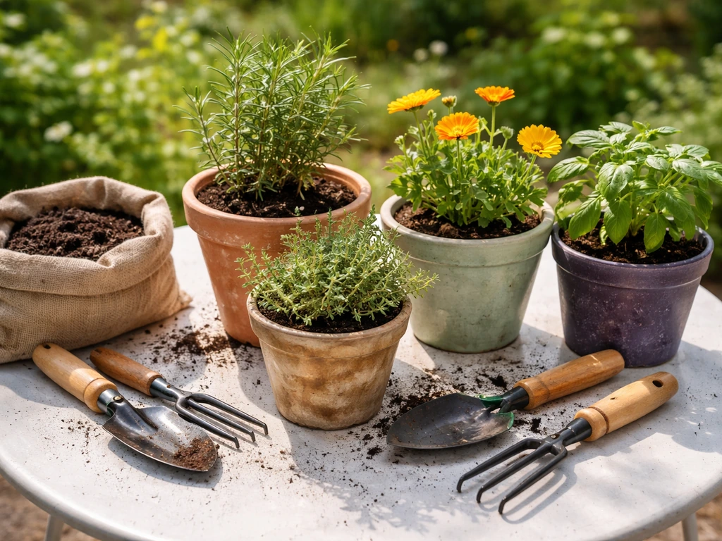 Cozy starter witch garden with vibrant herbs and flowers in pots, soil, and small hand tools on a patio table.