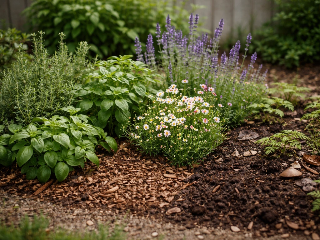 Minimal garden bed showing culinary herbs, pollinator flowers, and a small soil patch for fungi