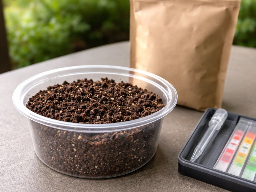 Close-up of soil in a small container next to a soil testing kit and an unlabeled sample bag.