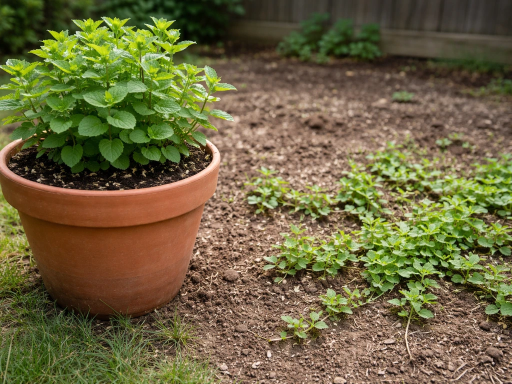 Lush mint thriving in a large pot beside ground soil where mint runners spread aggressively.