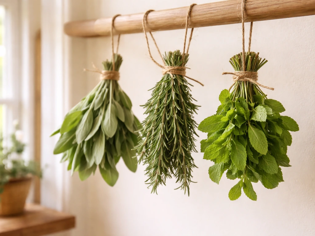 Fresh sage, rosemary, and mint sprigs bundled and hung upside down to air-dry in a warm, airy room.