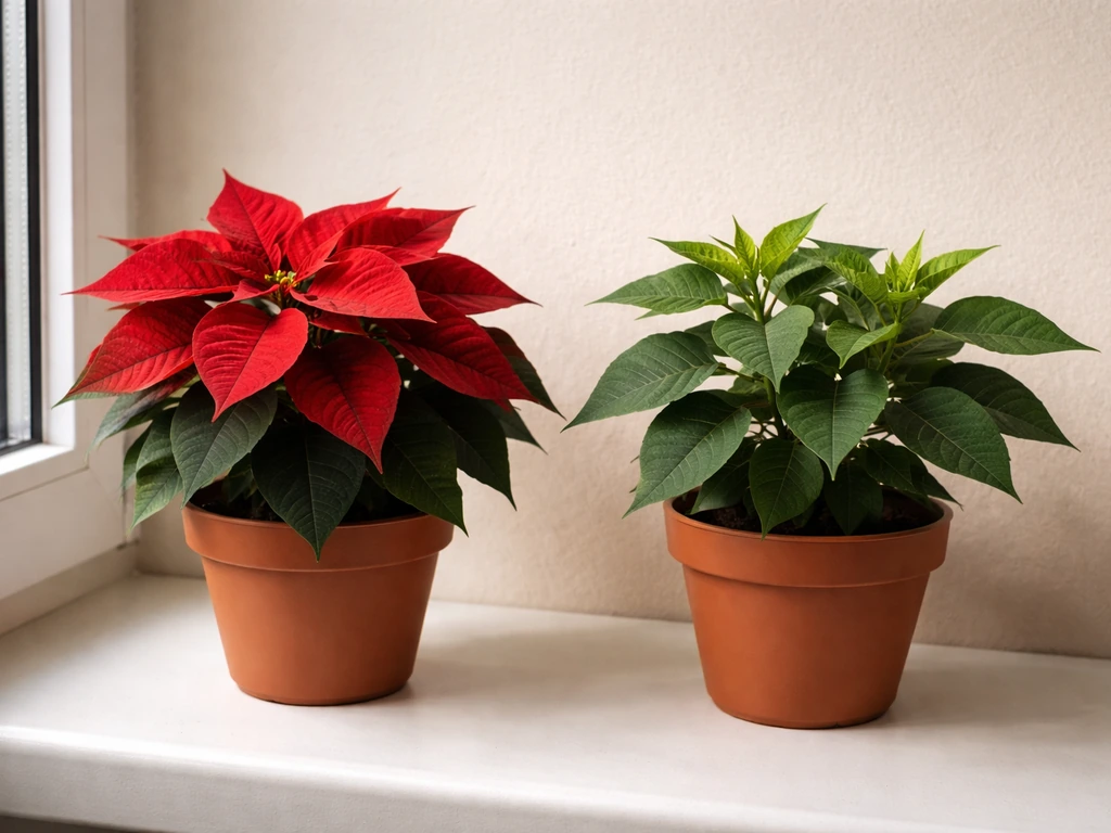 Two potted poinsettias side by side: one with winter red bracts, one with fresh green growth by spring.