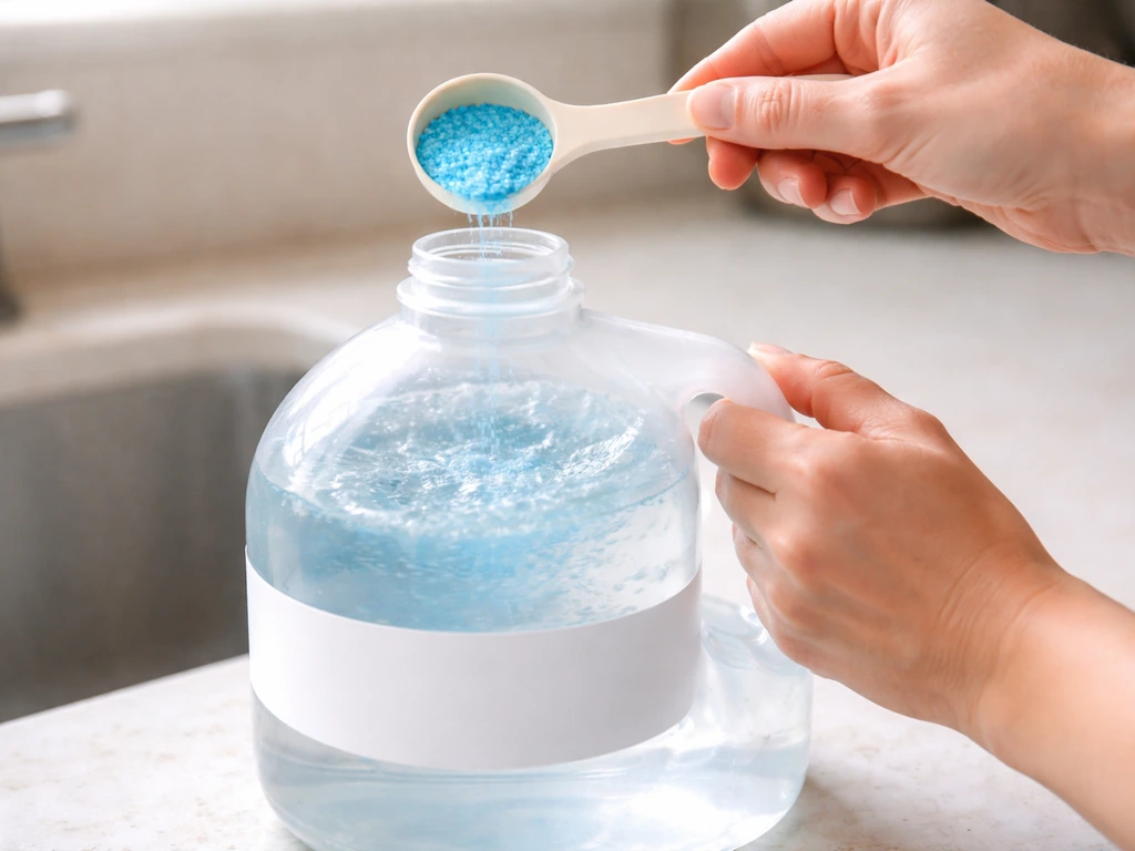 Close-up of a measuring spoon adding fertilizer to a gallon jug of water, water being mixed before use.