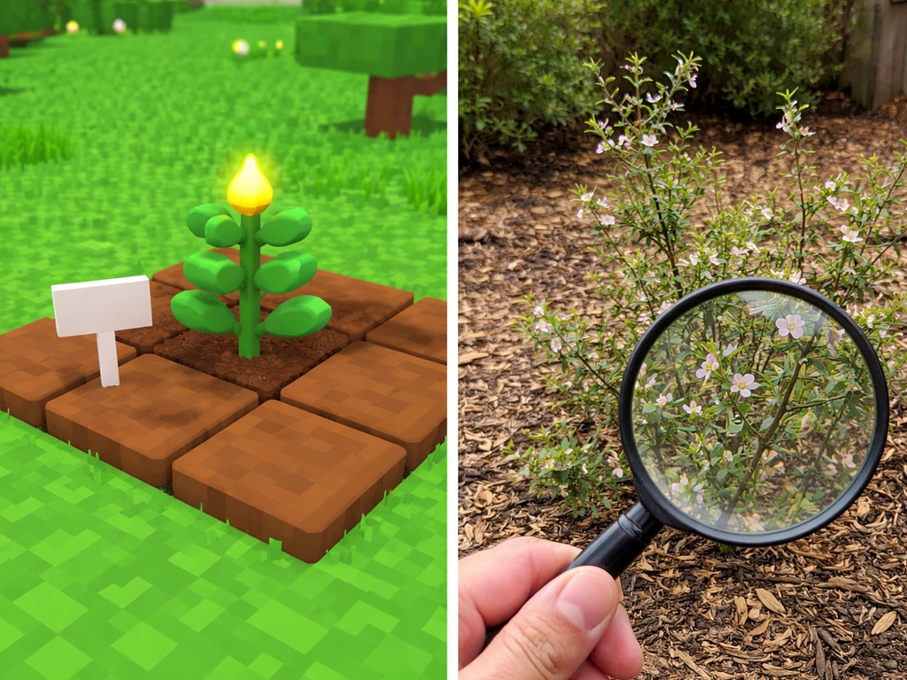 Split image: blocky crop plot vs real thorny plant in a garden under a magnifying glass.