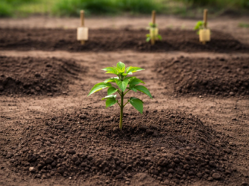Garden plot showing a tree-type nectar thorn sapling planted with correct spacing and timing indicators