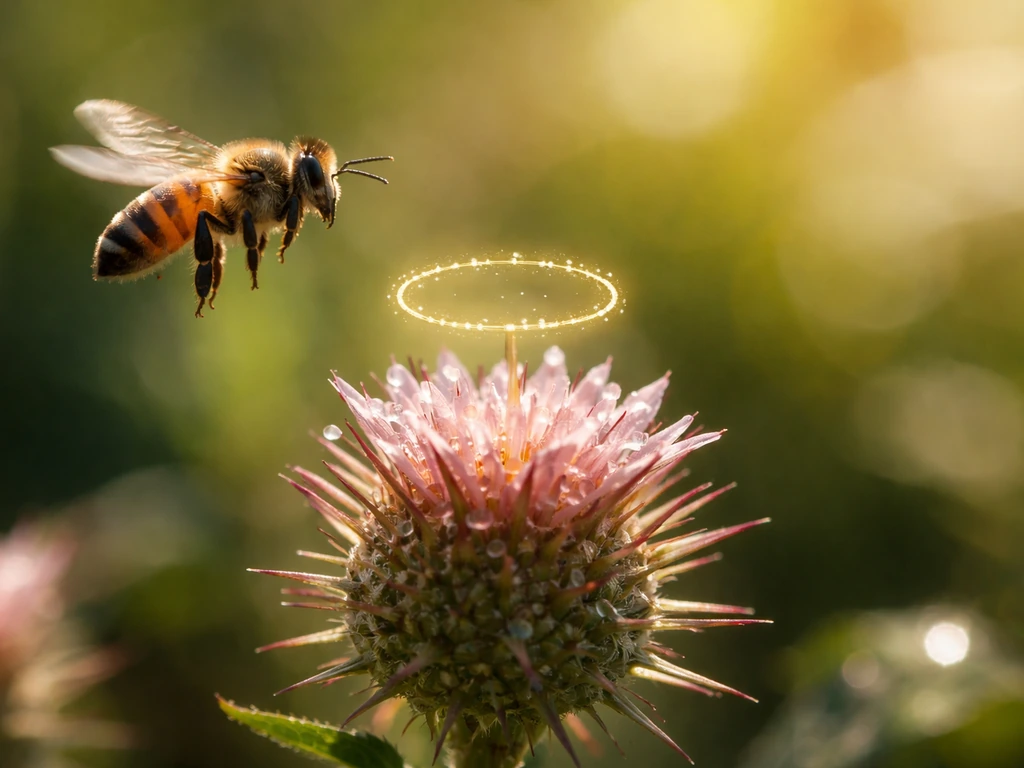 Close-up of a bee hovering over a nectar-rich thorny flower with a subtle collection glow prompt.