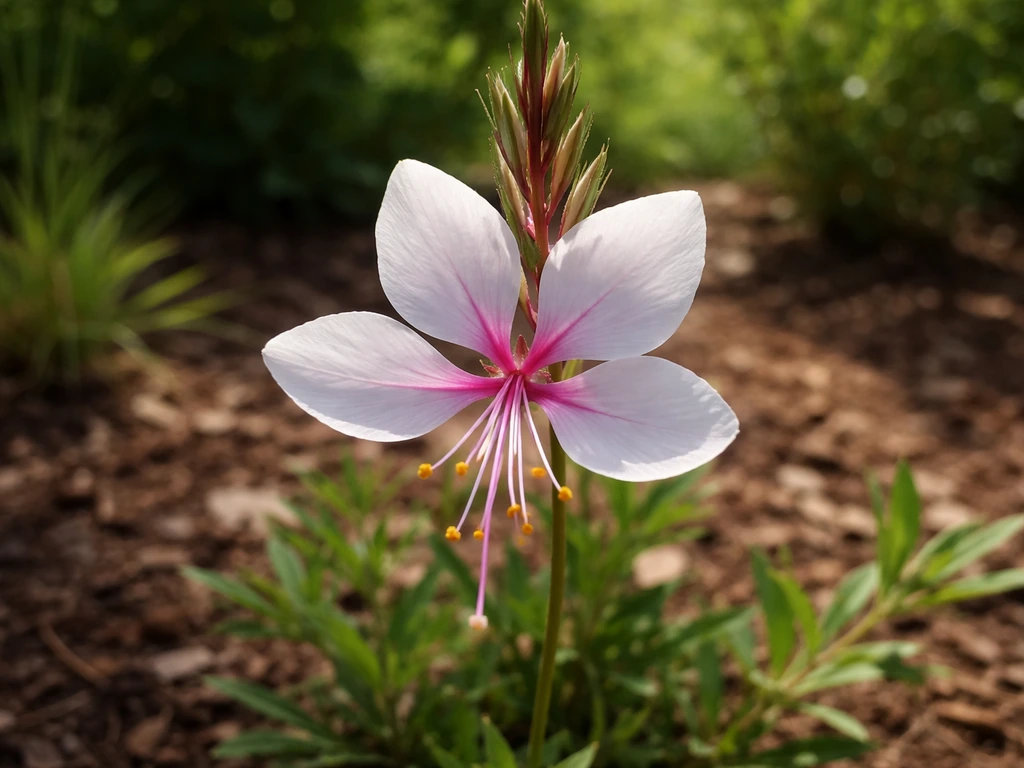 Vibrant parasol flower blooming in a sunny garden bed with soft blurred background greenery.
